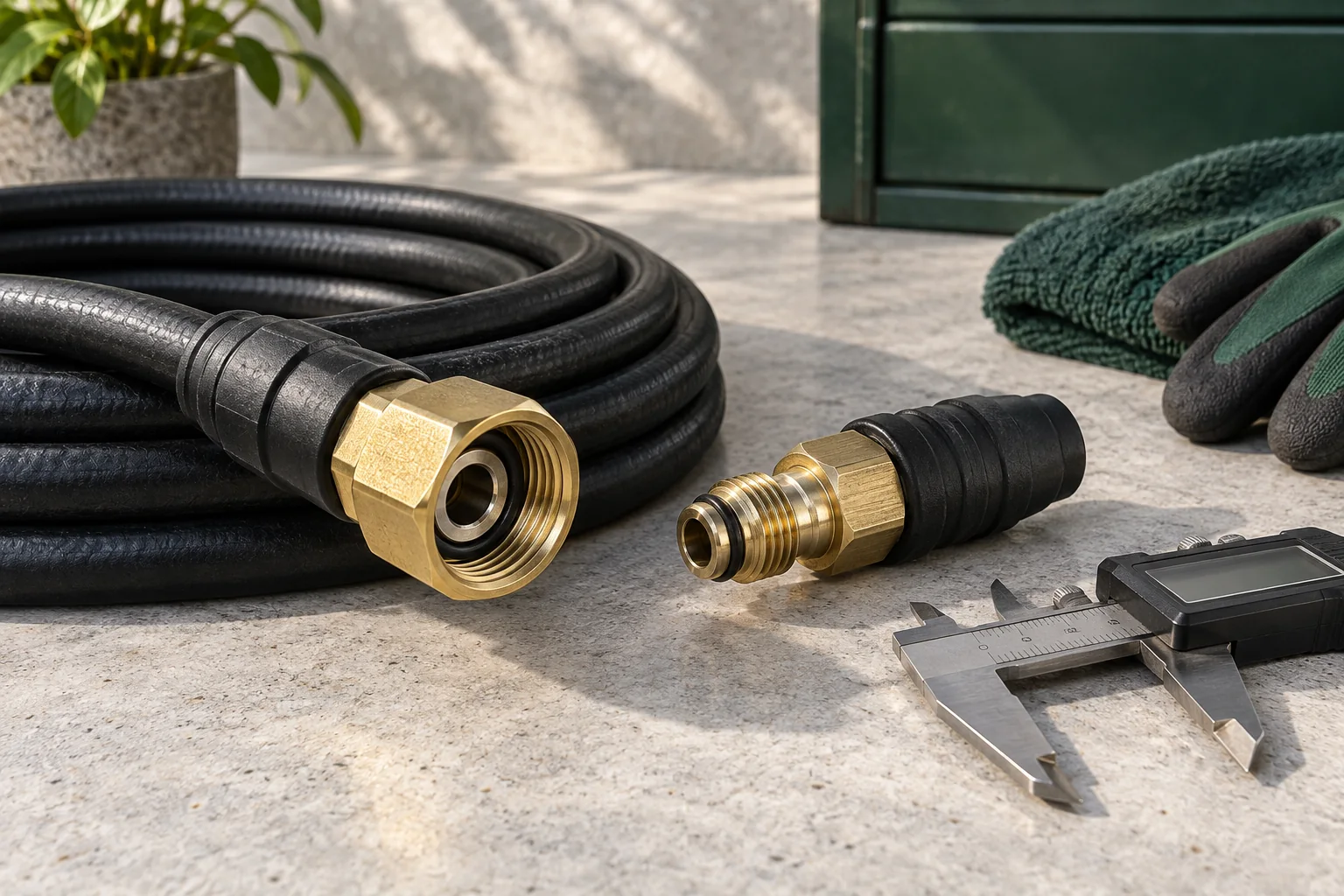 Two pressure washer hose fittings and a caliper laid out for comparison